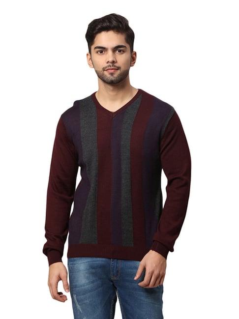 park avenue red & grey regular fit striped sweater