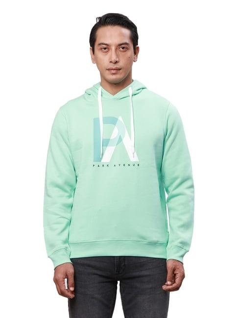 park avenue sea green slim fit printed hooded sweatshirt