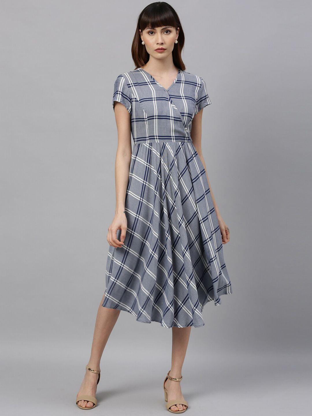 park avenue woman blue & grey checked fit and flare dress