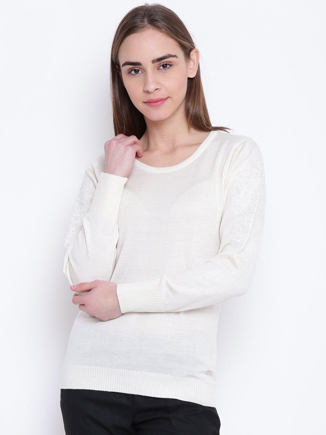 park avenue woman cream-coloured solid pullover with embroidered detail
