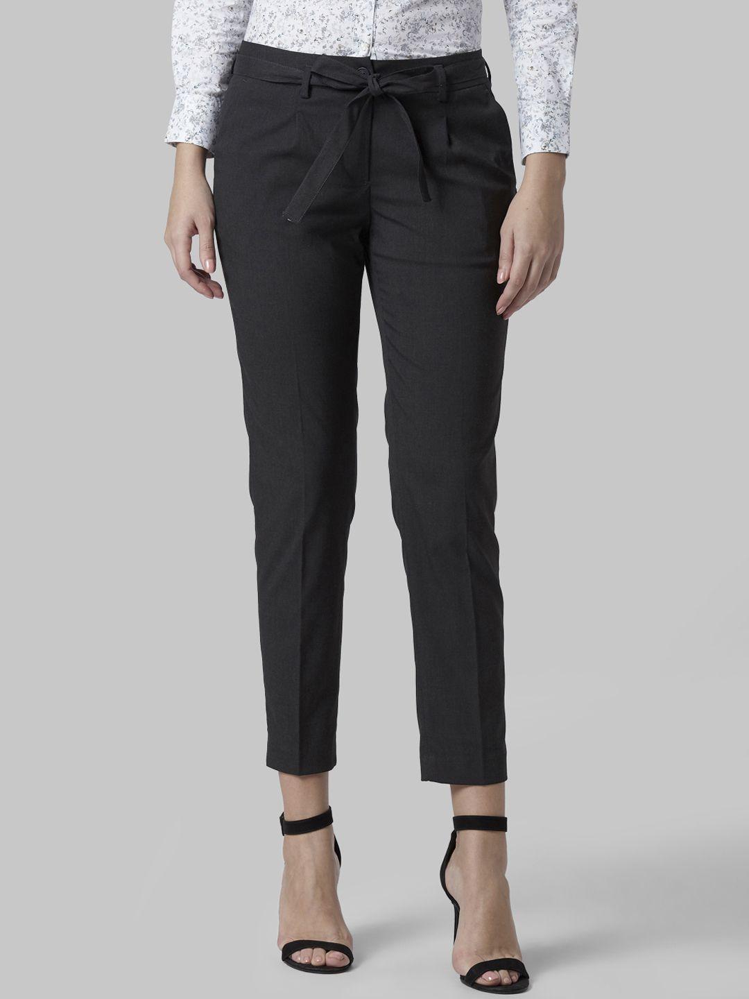 park avenue woman women black regular fit solid regular trousers