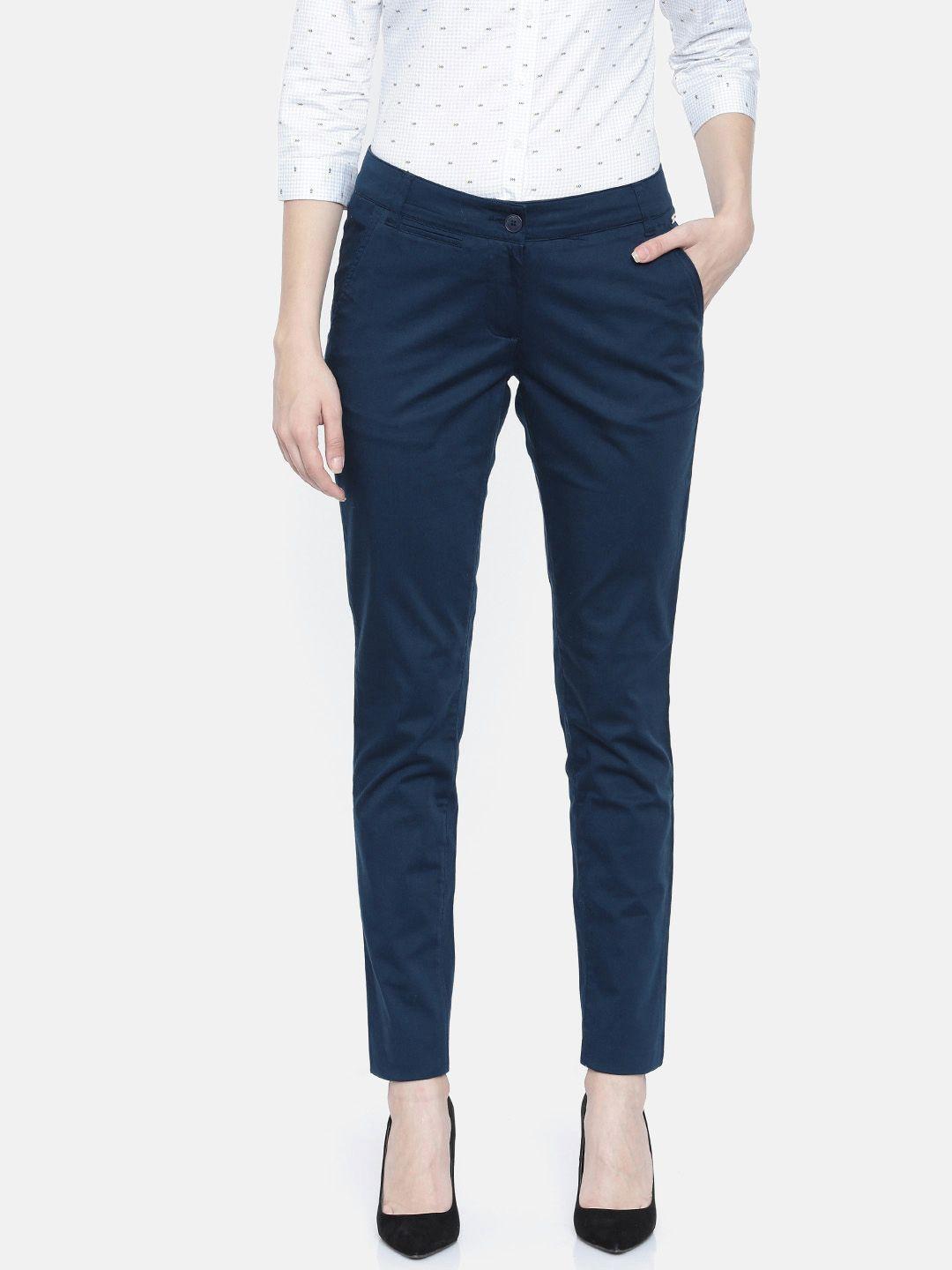 park avenue woman women blue solid regular trousers