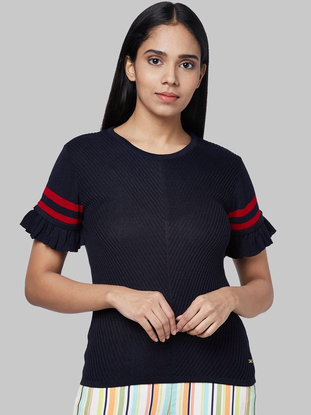 park avenue woman women navy blue self design round neck t-shirt