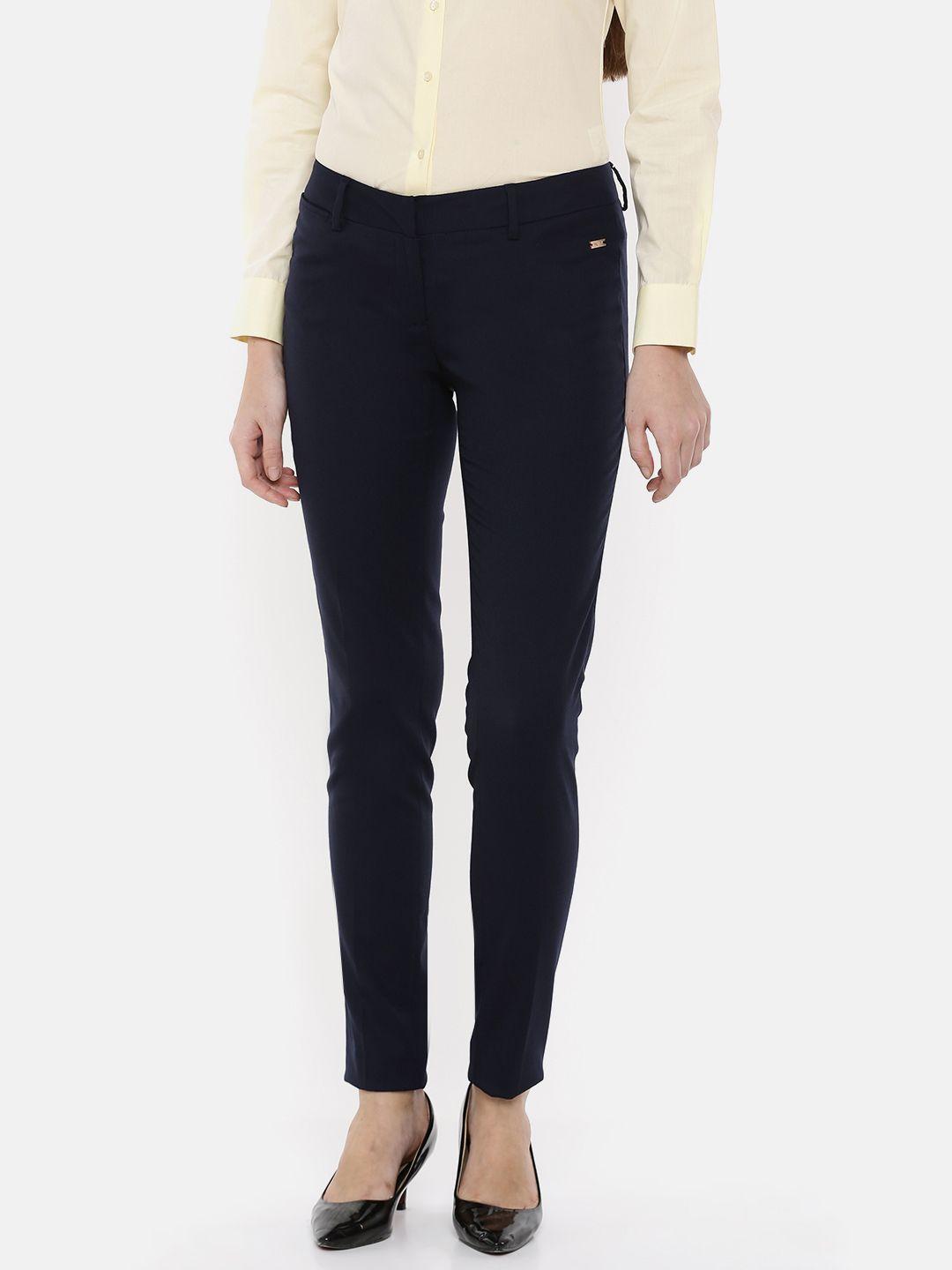 park avenue woman women navy blue slim fit solid regular trousers