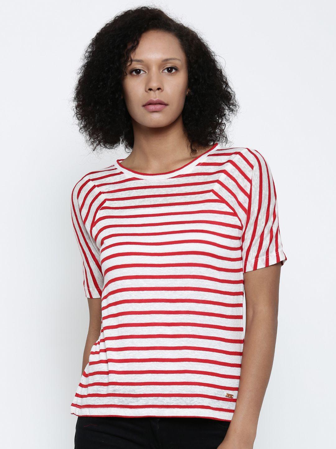 park avenue woman women red & white striped round neck t-shirt