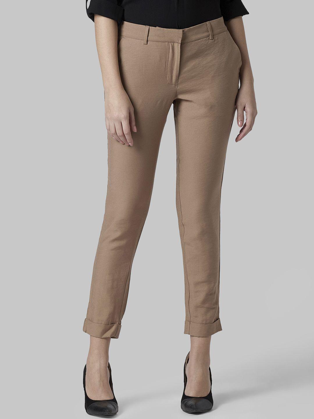 park avenue woman women tan tapered fit solid regular trousers