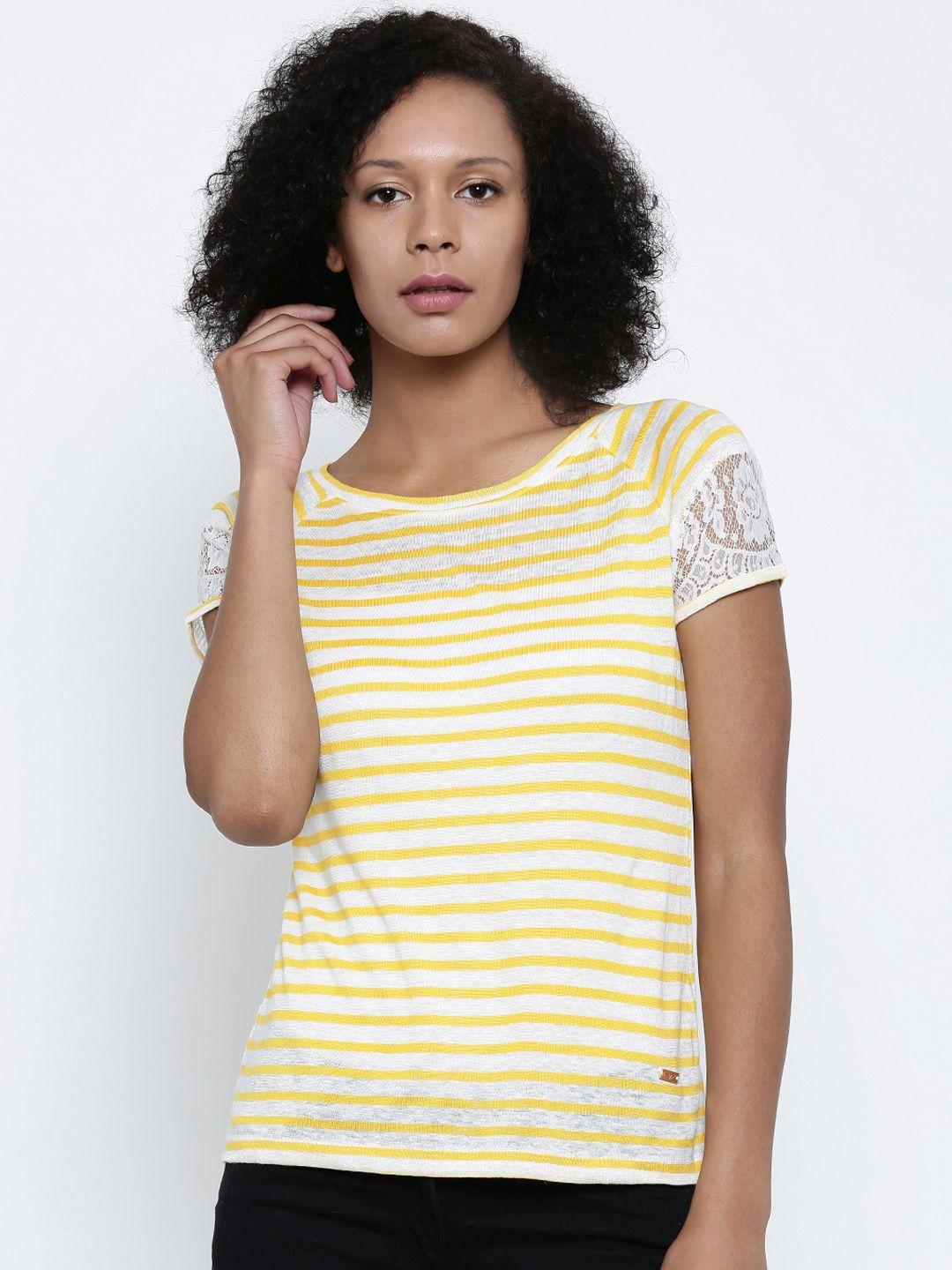 park avenue woman women yellow & off-white striped round neck t-shirt