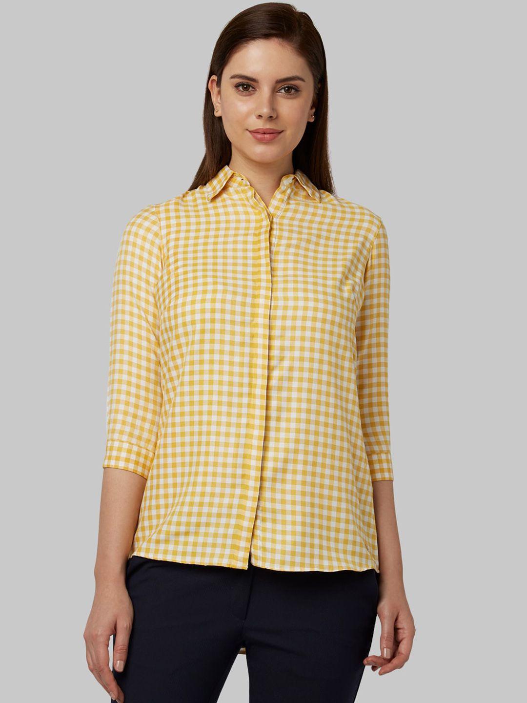 park avenue woman women yellow & white regular fit checked casual shirt