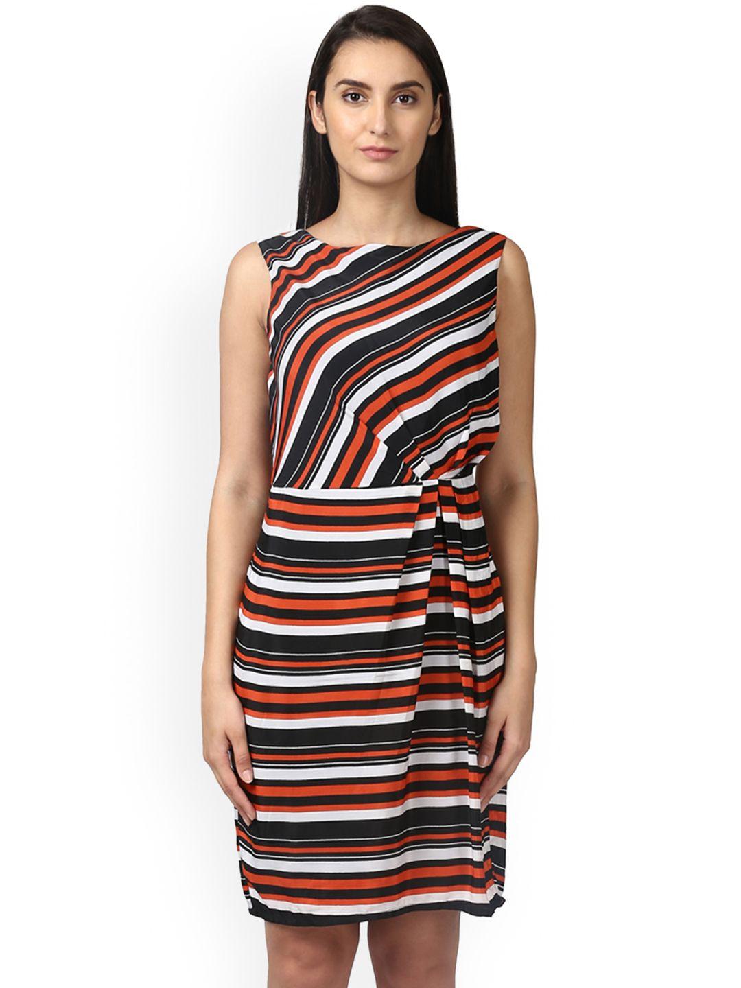 park avenue women black & orange striped fit and flare dress