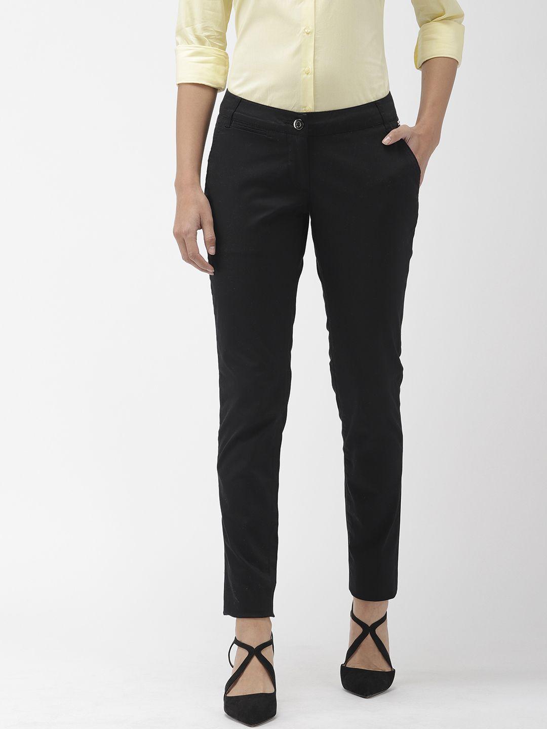 park avenue women black regular fit solid regular trousers