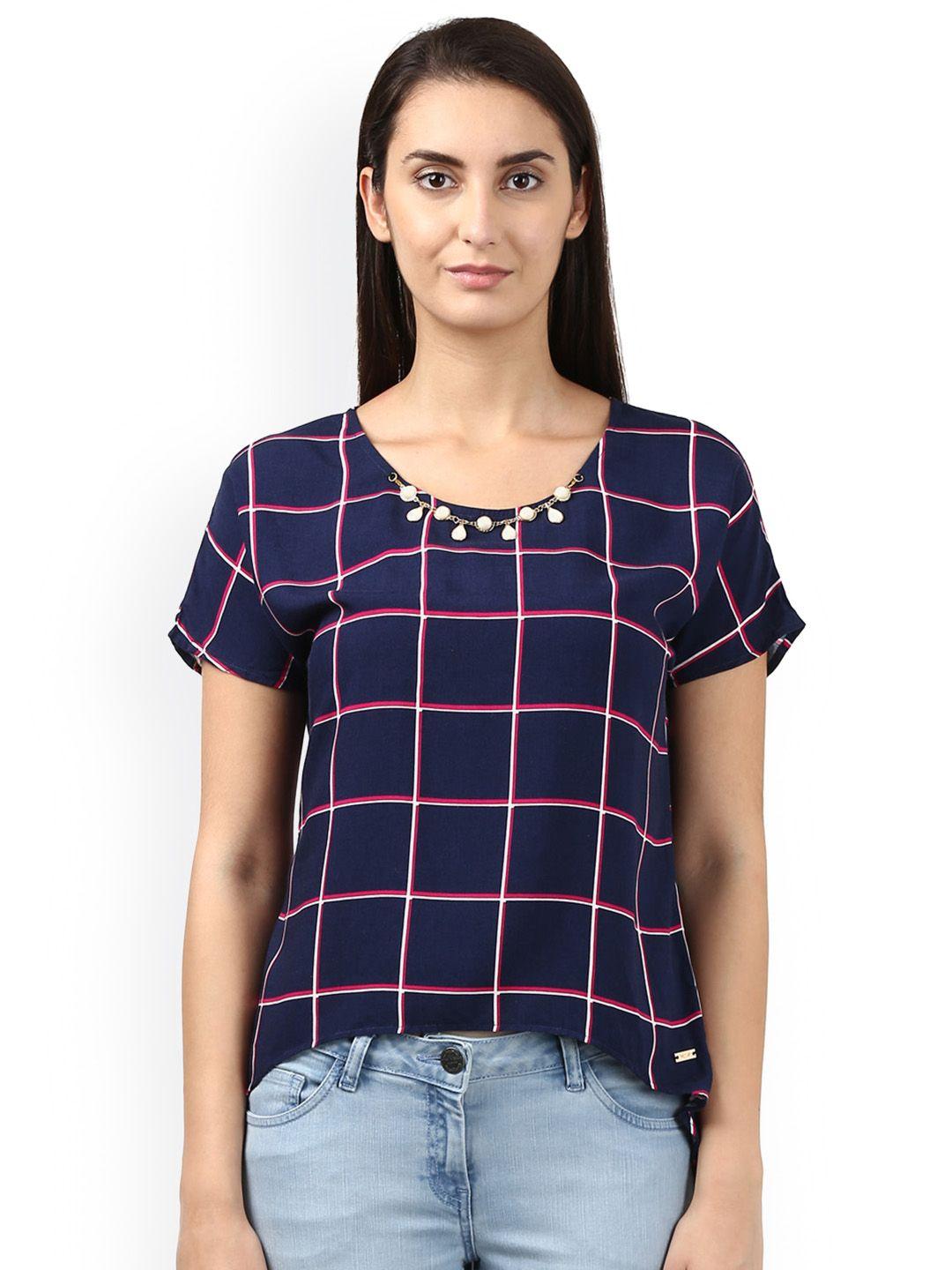 park avenue women blue checked high-low pure cotton top