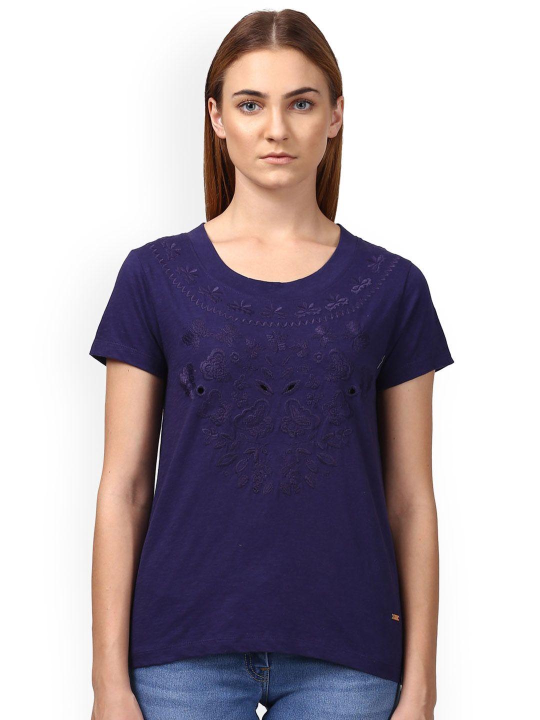 park avenue women blue embroidered round neck pure cotton t-shirt