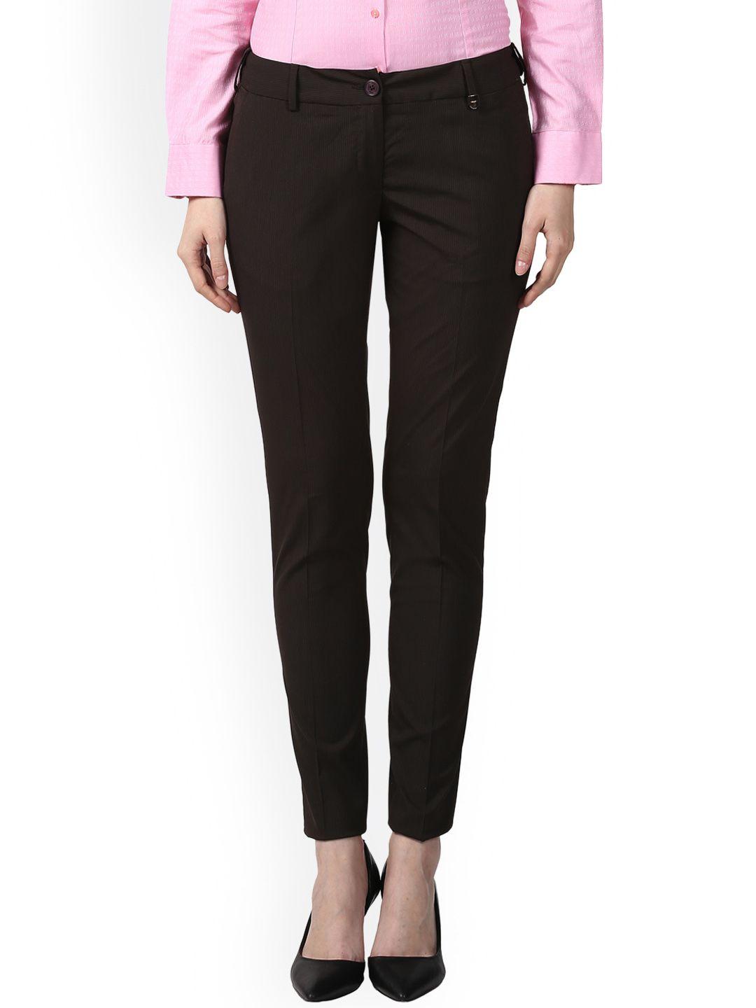 park avenue women brown regular fit solid formal trousers