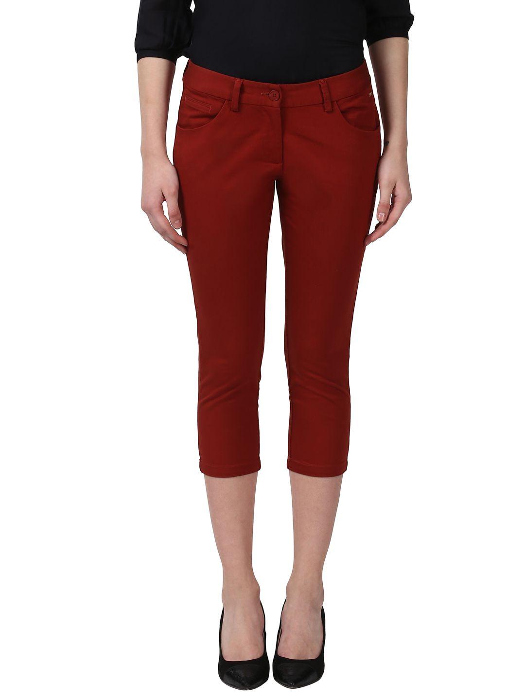 park avenue women maroon tapered fit solid regular trousers