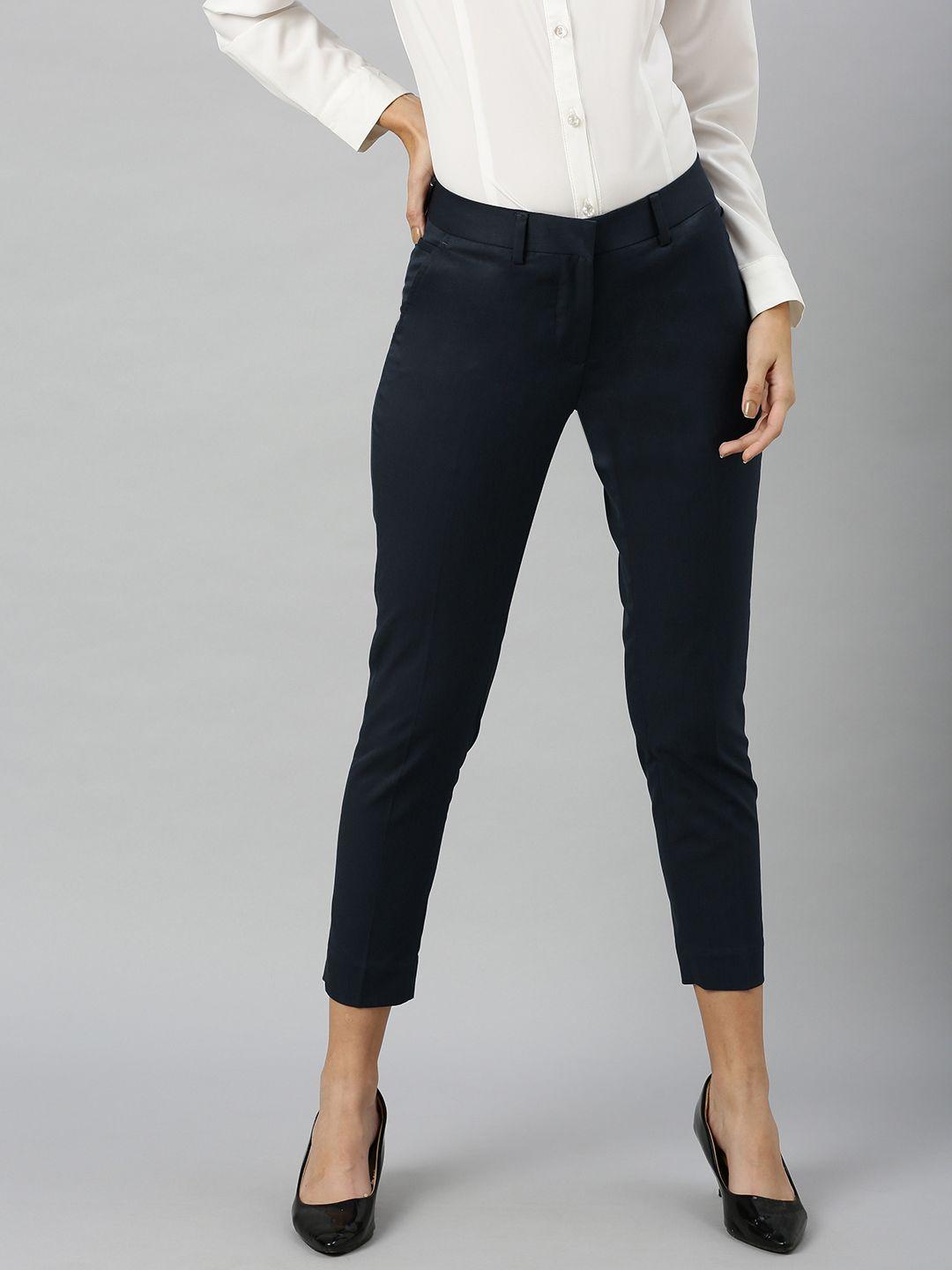 park avenue women navy blue smart slim fit regular cropped trousers