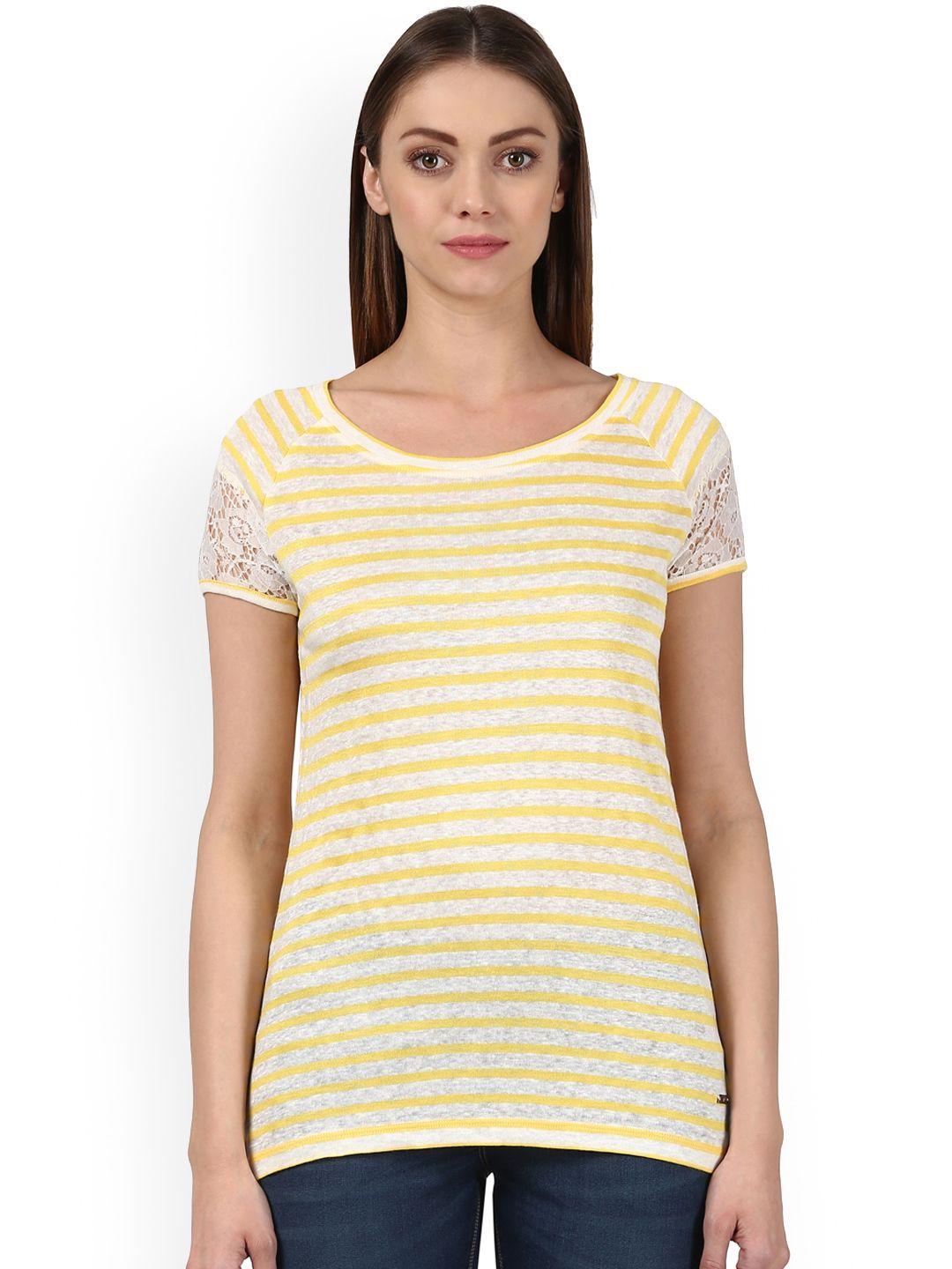 park avenue women yellow striped round neck t-shirt