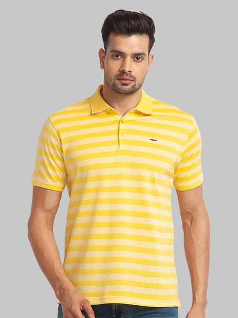 park avenue yellow cotton slim fit striped polo t-shirt