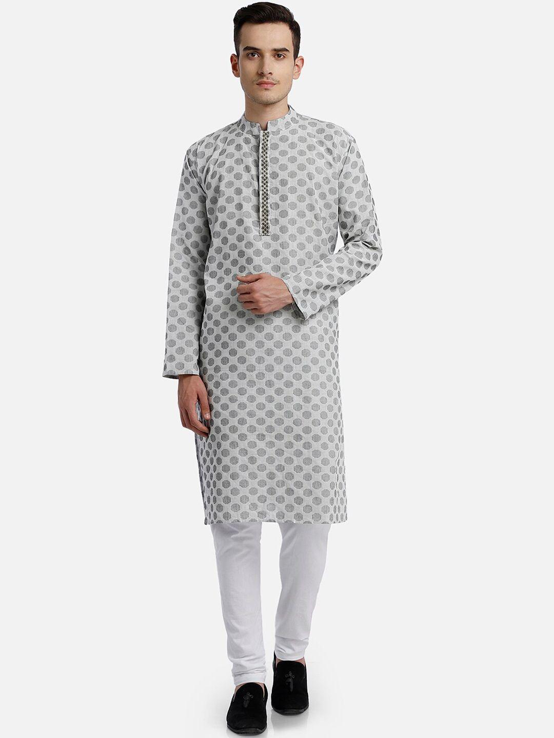 paroksh men grey woven design cotton thread work handloom kurta
