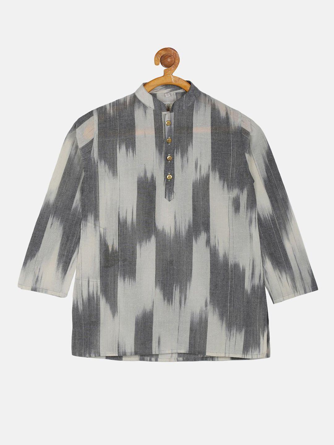 paroksh boys off white & grey dyed pure cotton ikat straight kurta