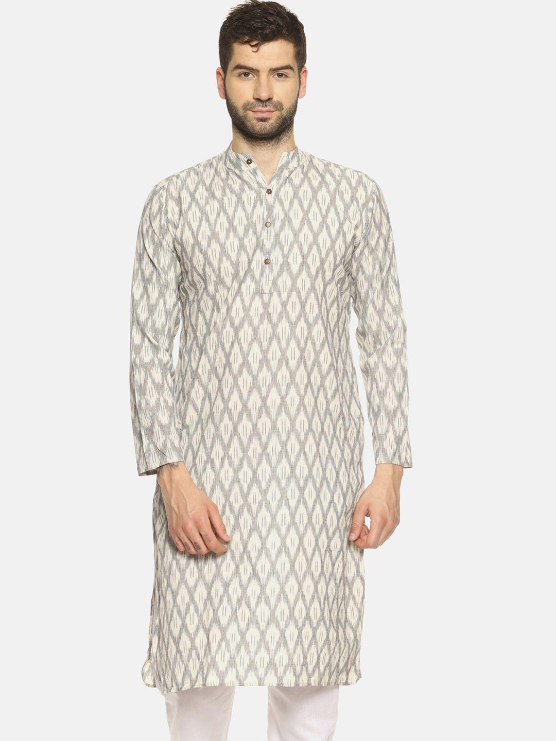 paroksh men cream-coloured & grey ikat straight kurta