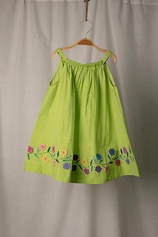 parrot green handloom hand-stitched floral dress for girls