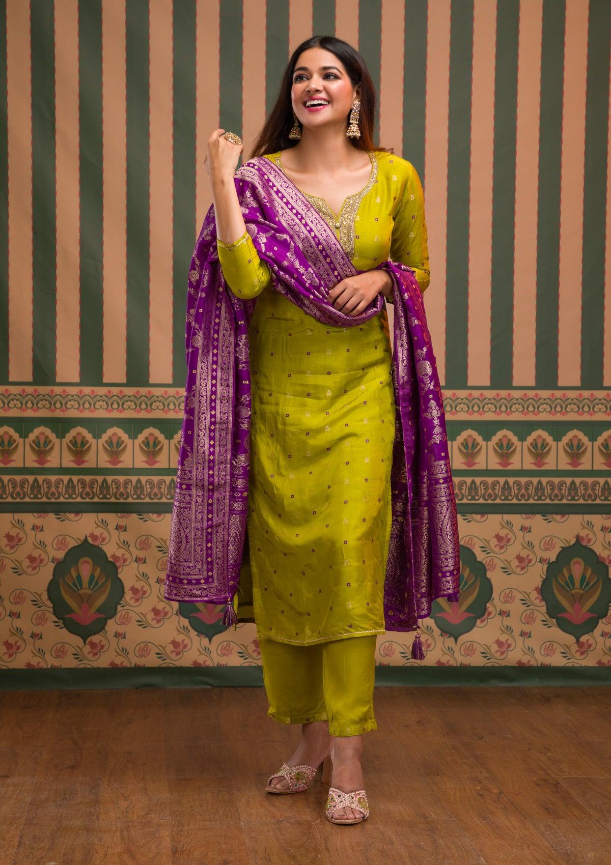 parrot green zariwork art silk readymade salwar suit