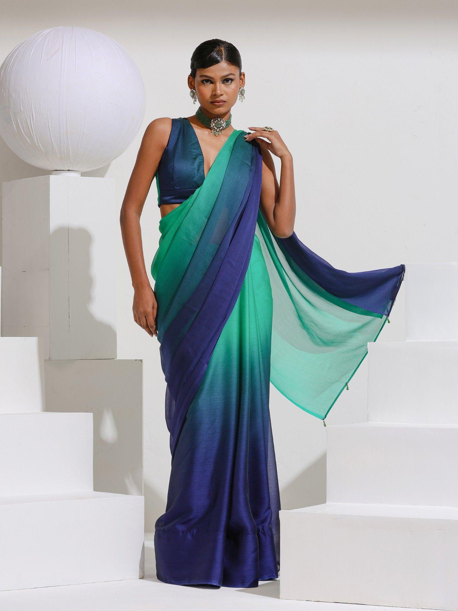 parrot & navy chiffon ombre saree with beads and self-with unstitched blouse