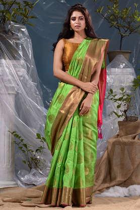 parrot green and antique zari weaved cotton silk saree with traditional zari mughal buta and border pattern with blouse piece - green