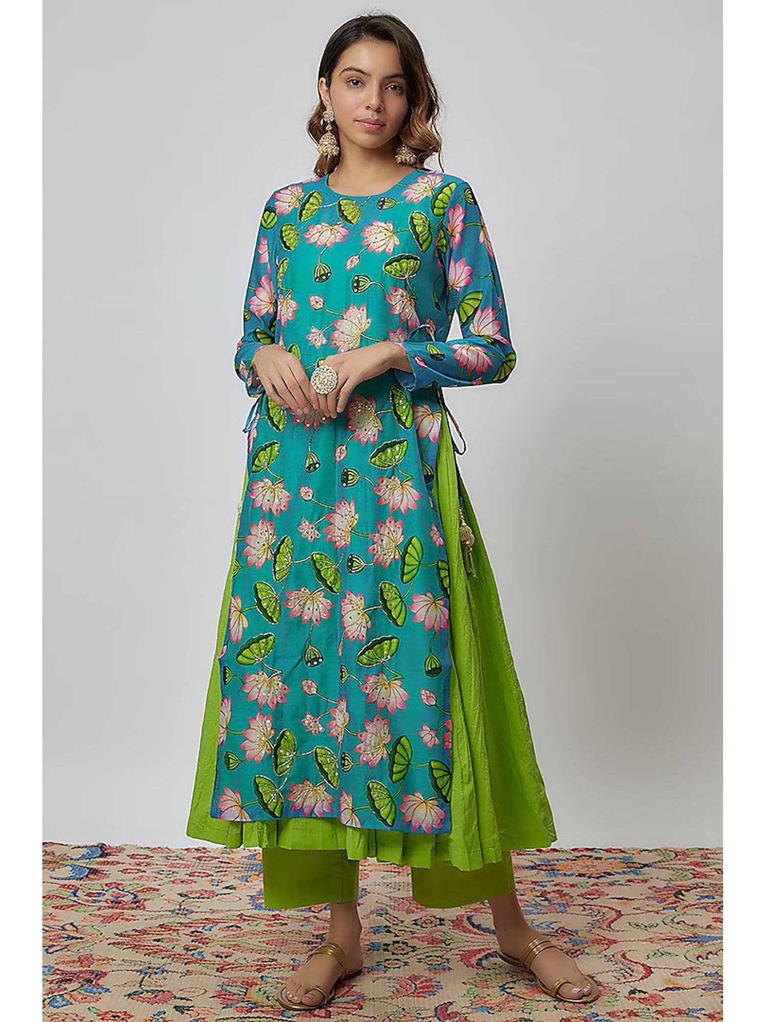 parrot green and blue printed chanderi kurta (set of 2)