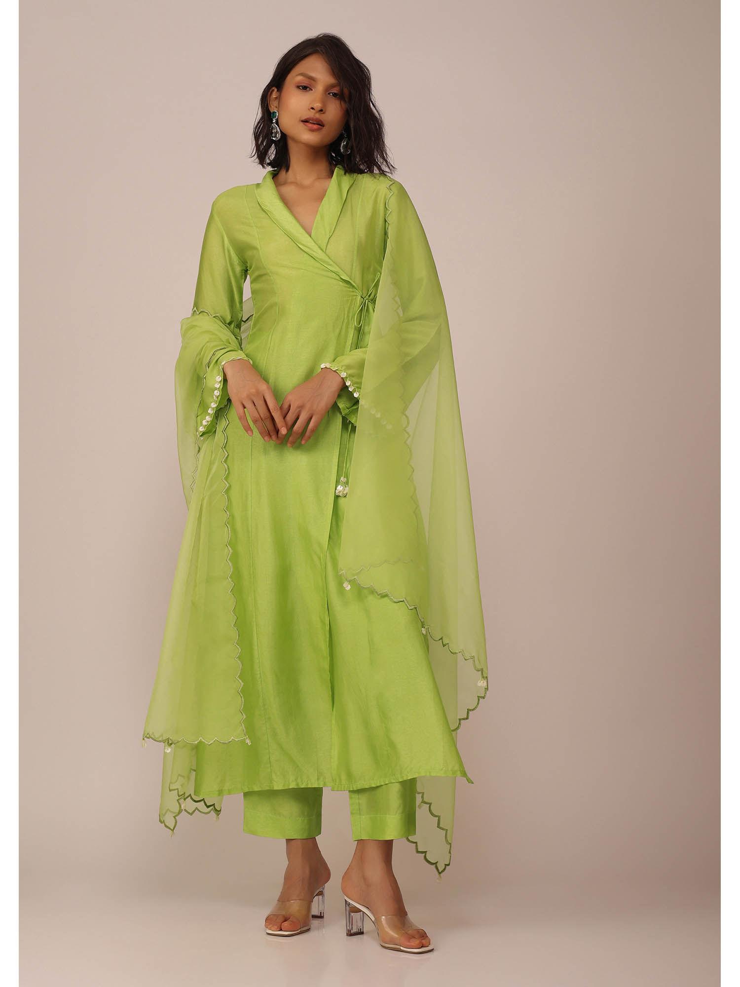 parrot green angraha kurta with pant in art silk and dupatta (set of 3)