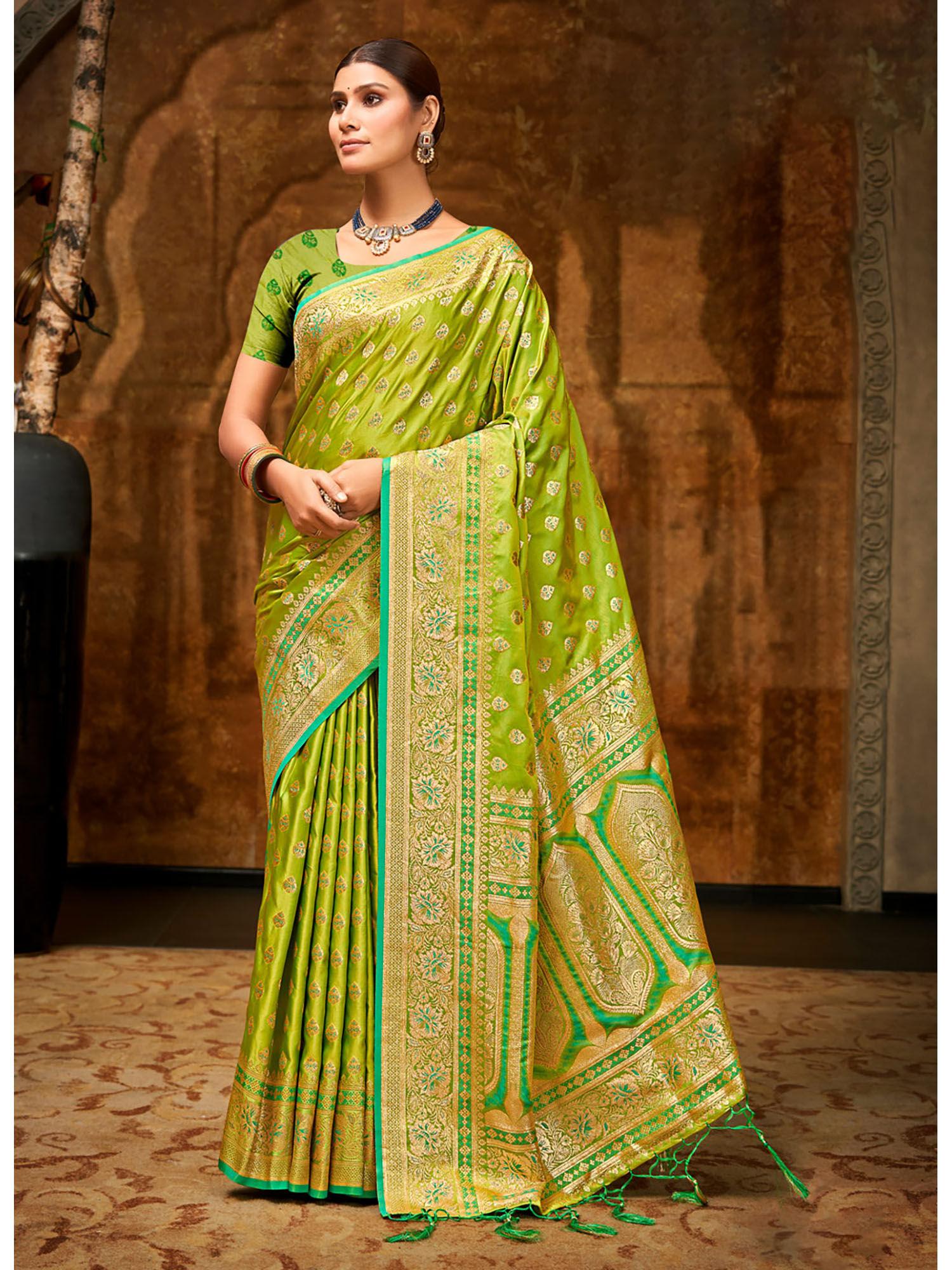 parrot green banarasi silk woven work traditional tassels saree with unstitched blouse