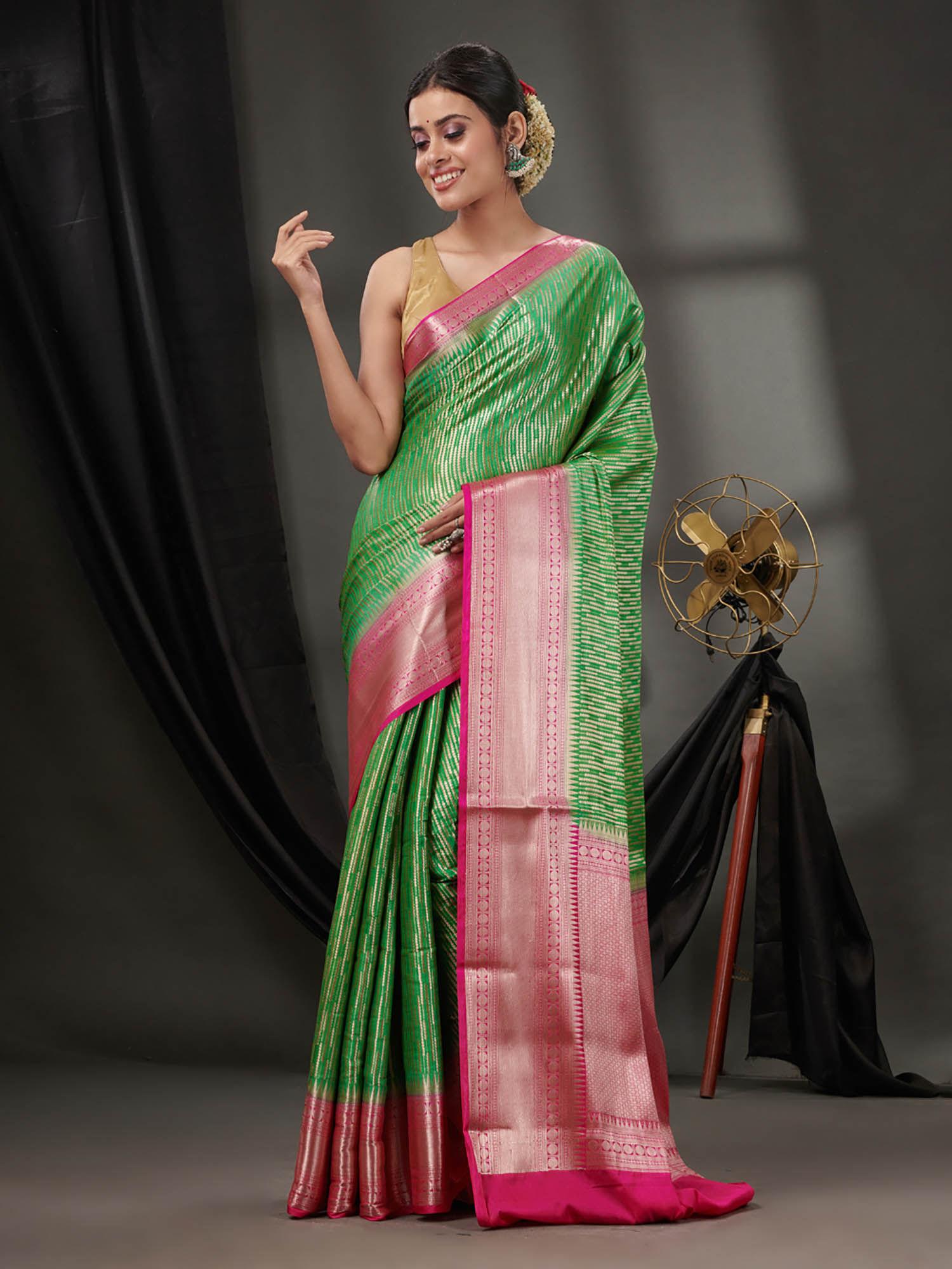 parrot green blended silk handwoven saree with woven zari designs & unstitched blouse