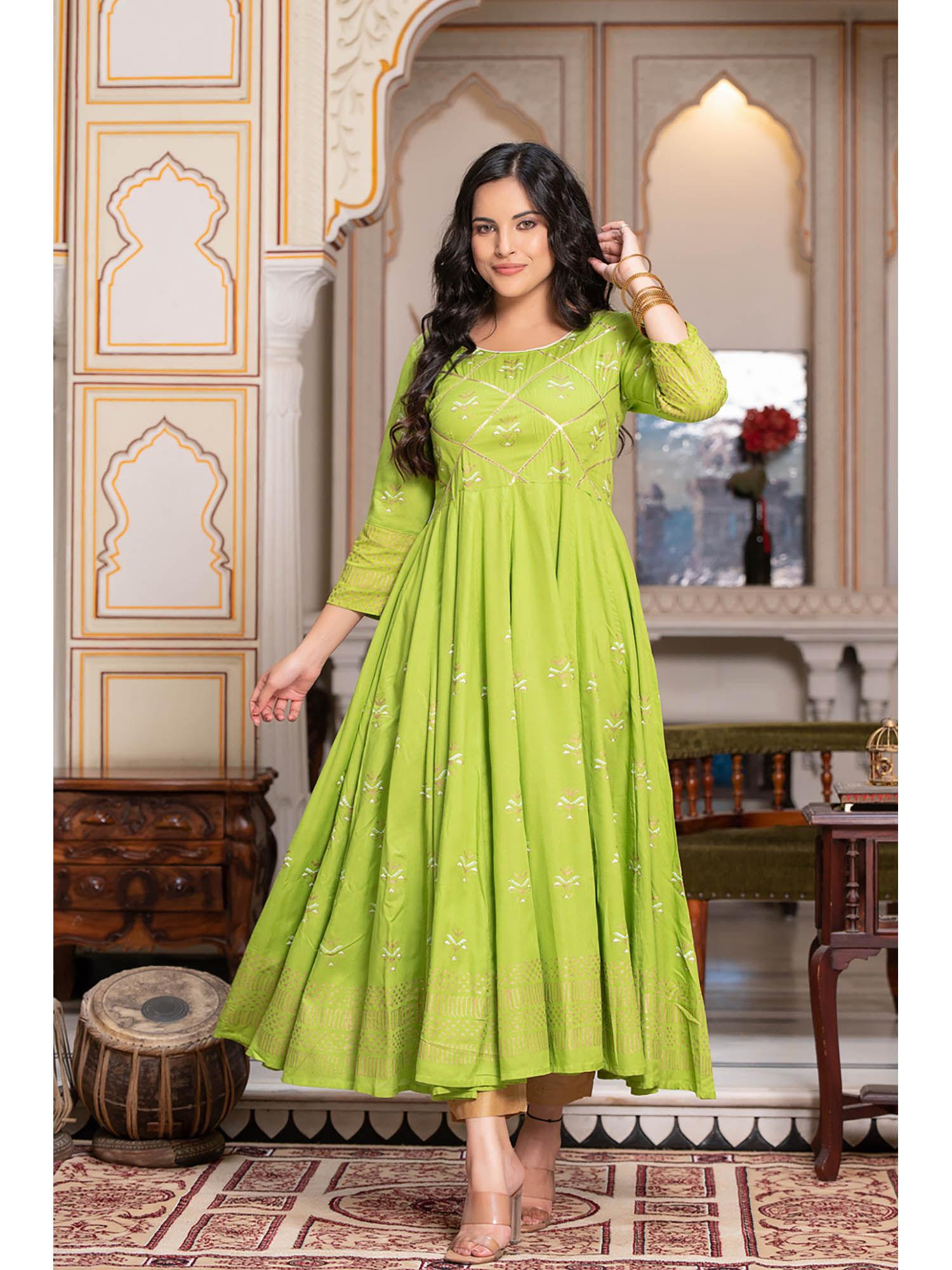 parrot green block printed anarkali kurta