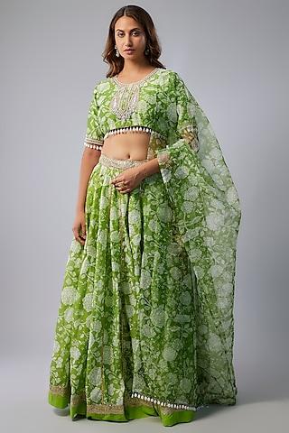 parrot green chanderi digital printed lehenga set