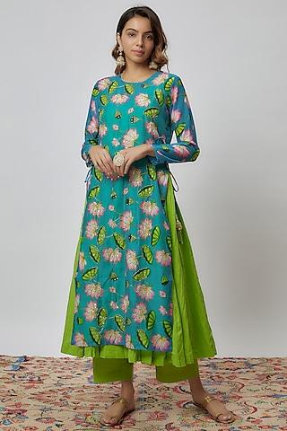 parrot green chanderi printed kurta set