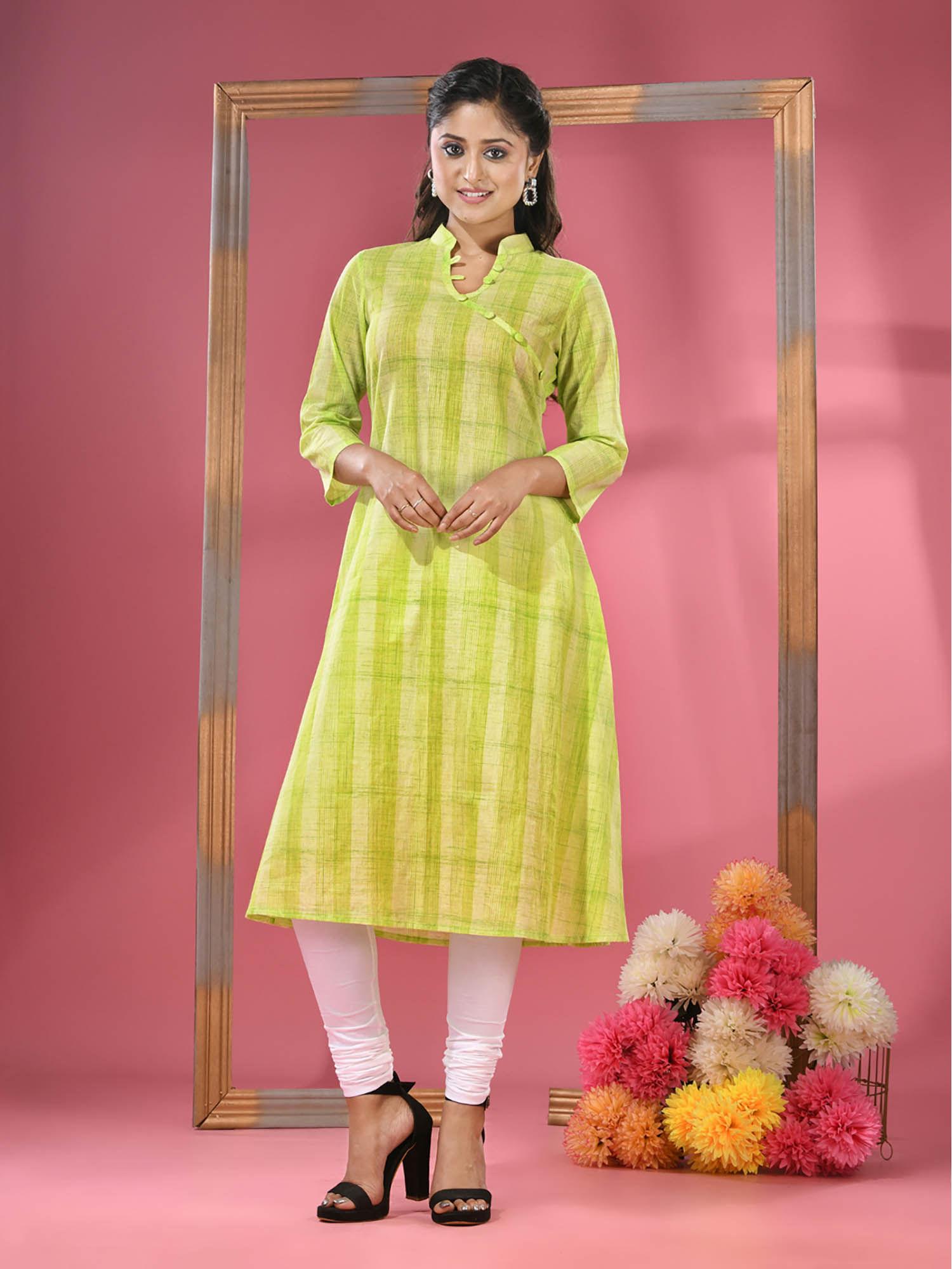 parrot green cotton angrakha-style kurta