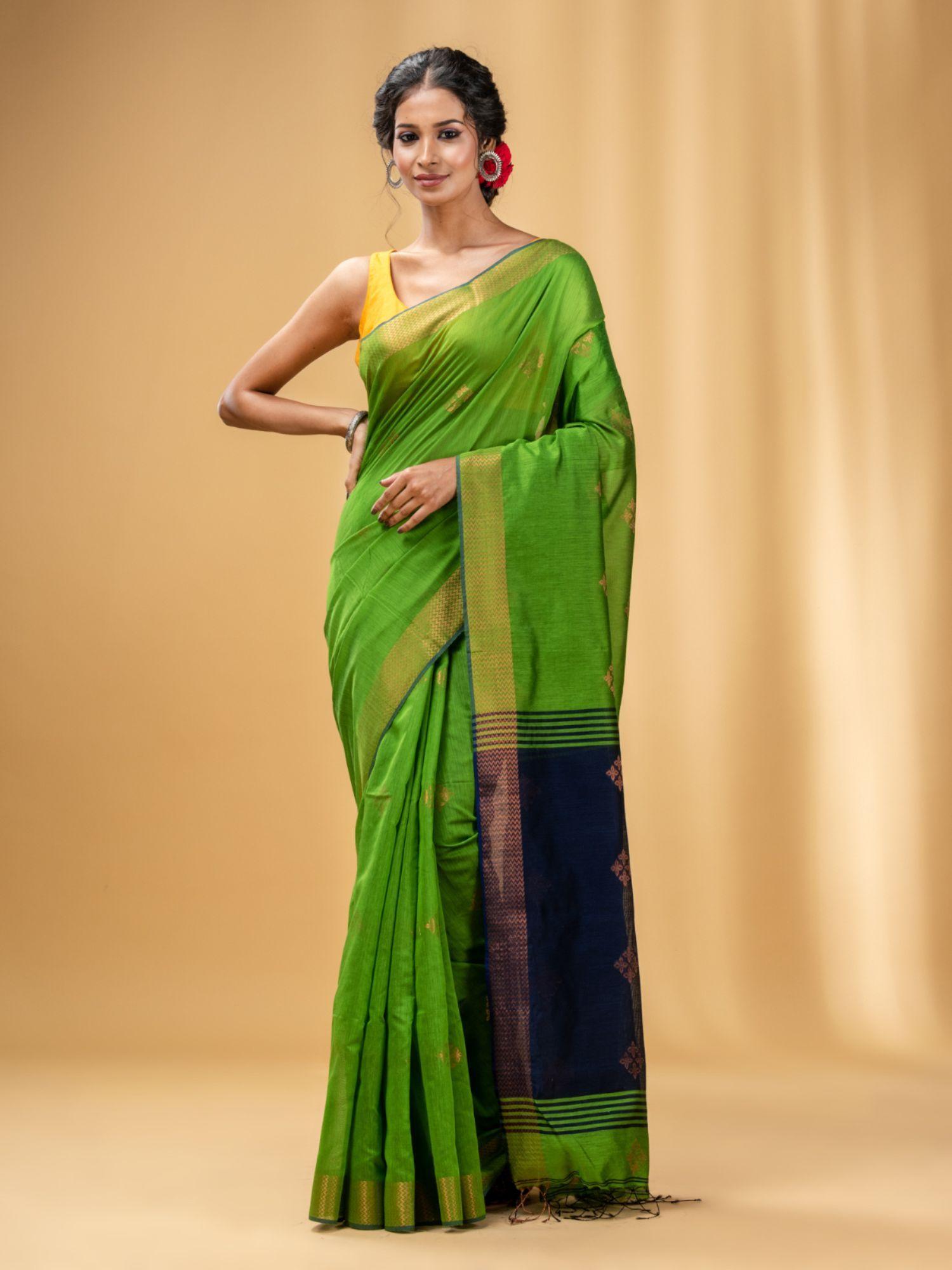 parrot green cotton blend handwoven saree with texture motifs with unstitched blouse