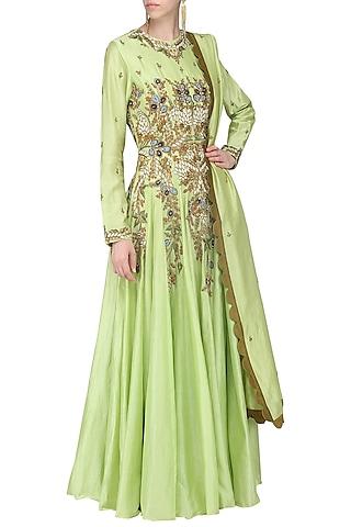 parrot green embroidered anarkali gown set