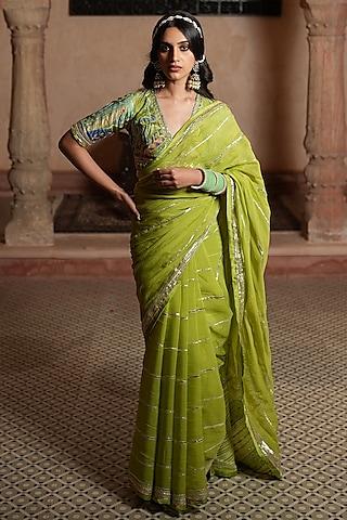 parrot green embroidered saree set