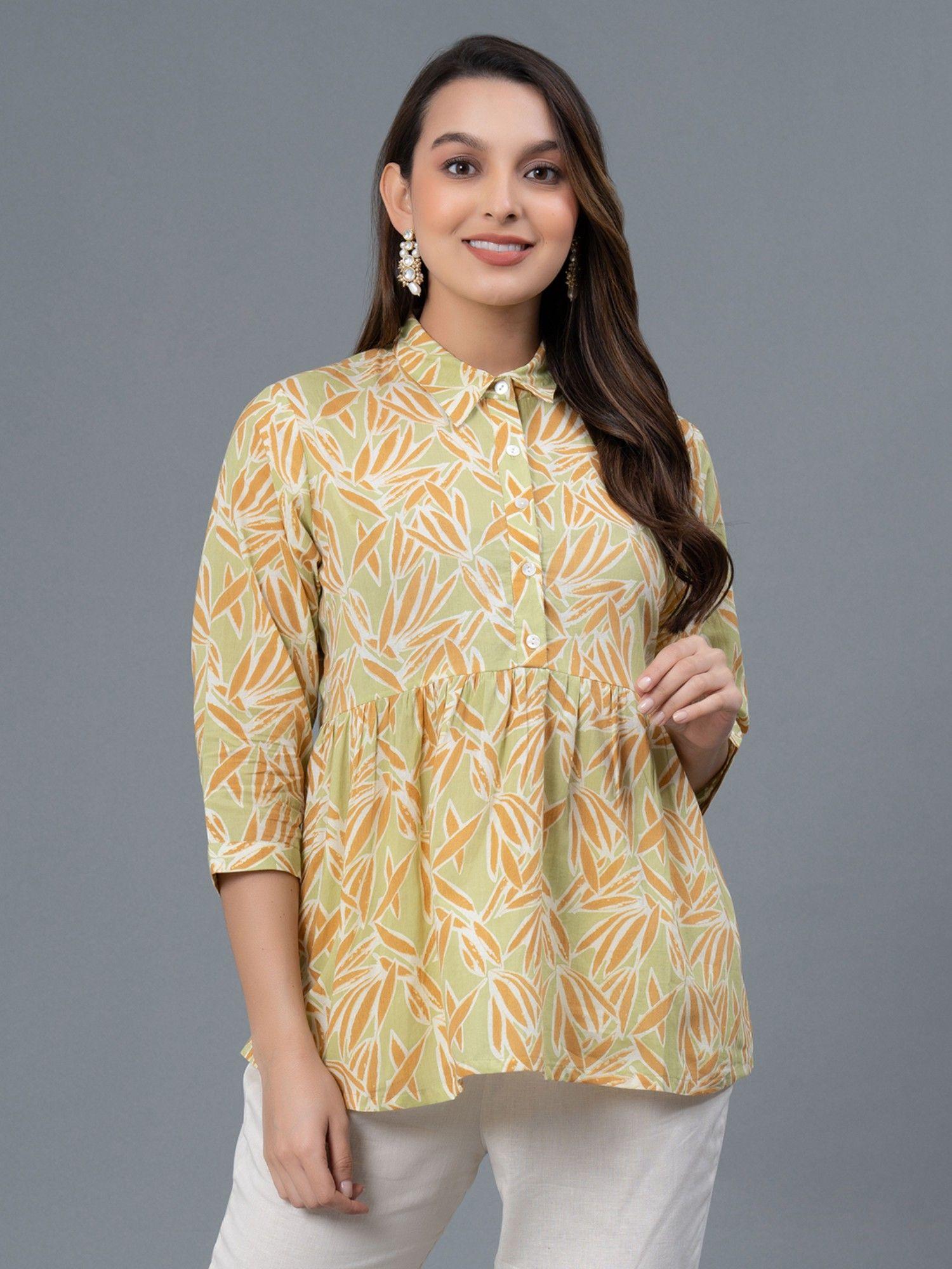 parrot green leaf print pure cotton womens blouse and top