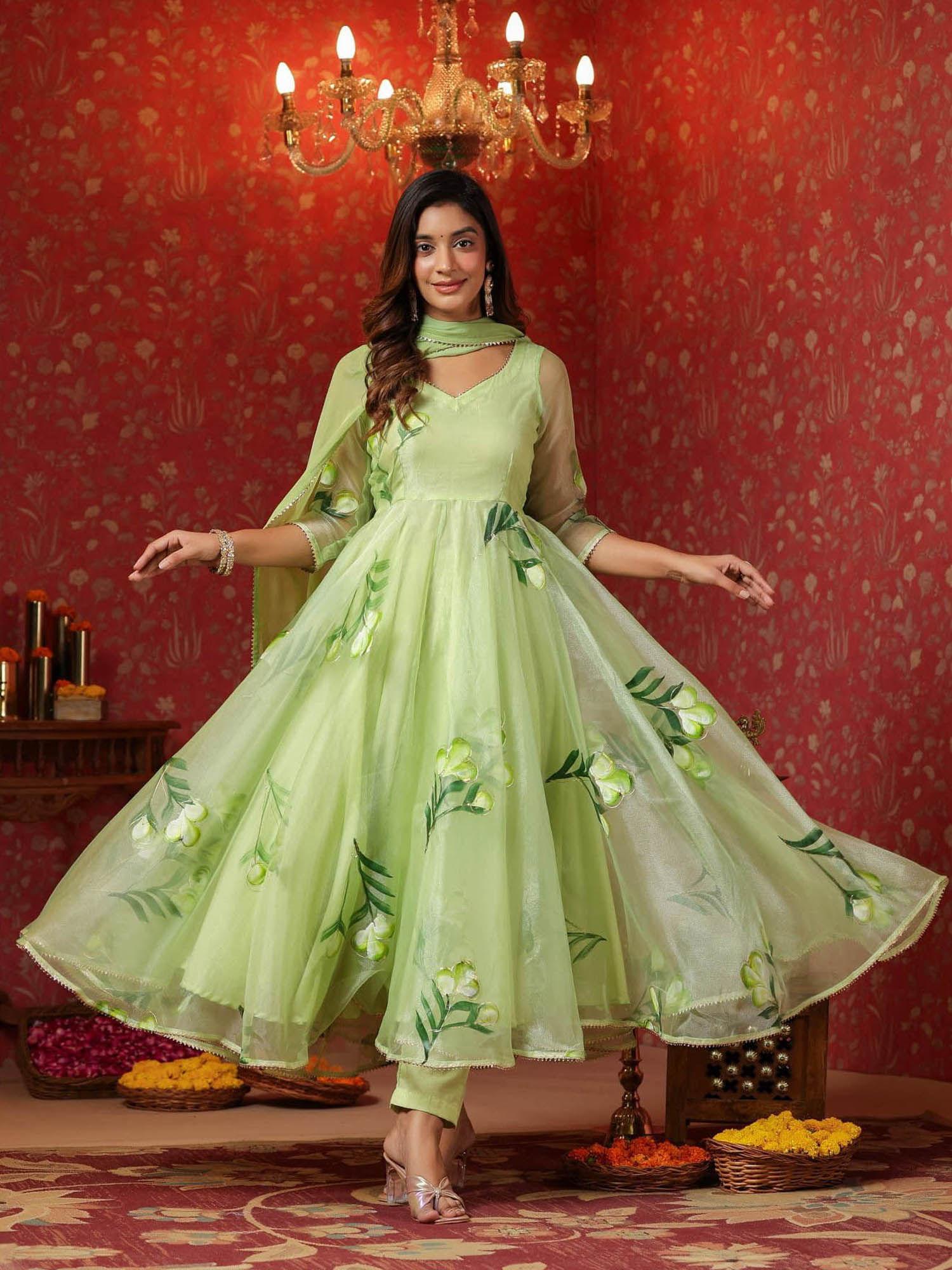 parrot green organza brush print anarkali kurta with pant & dupatta (set of 3)