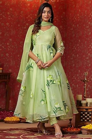 parrot green organza digital printed anarkali set