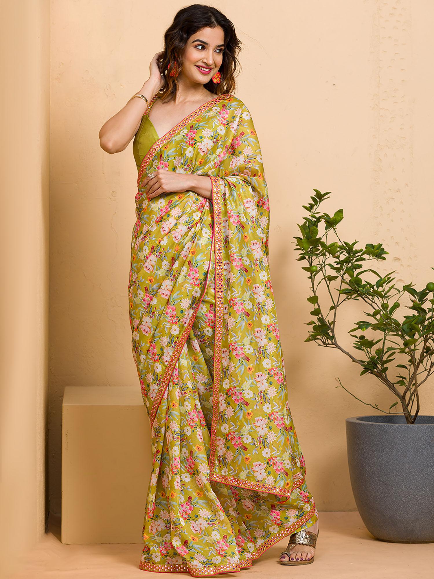 parrot green printed tissue saree with unstitched blouse