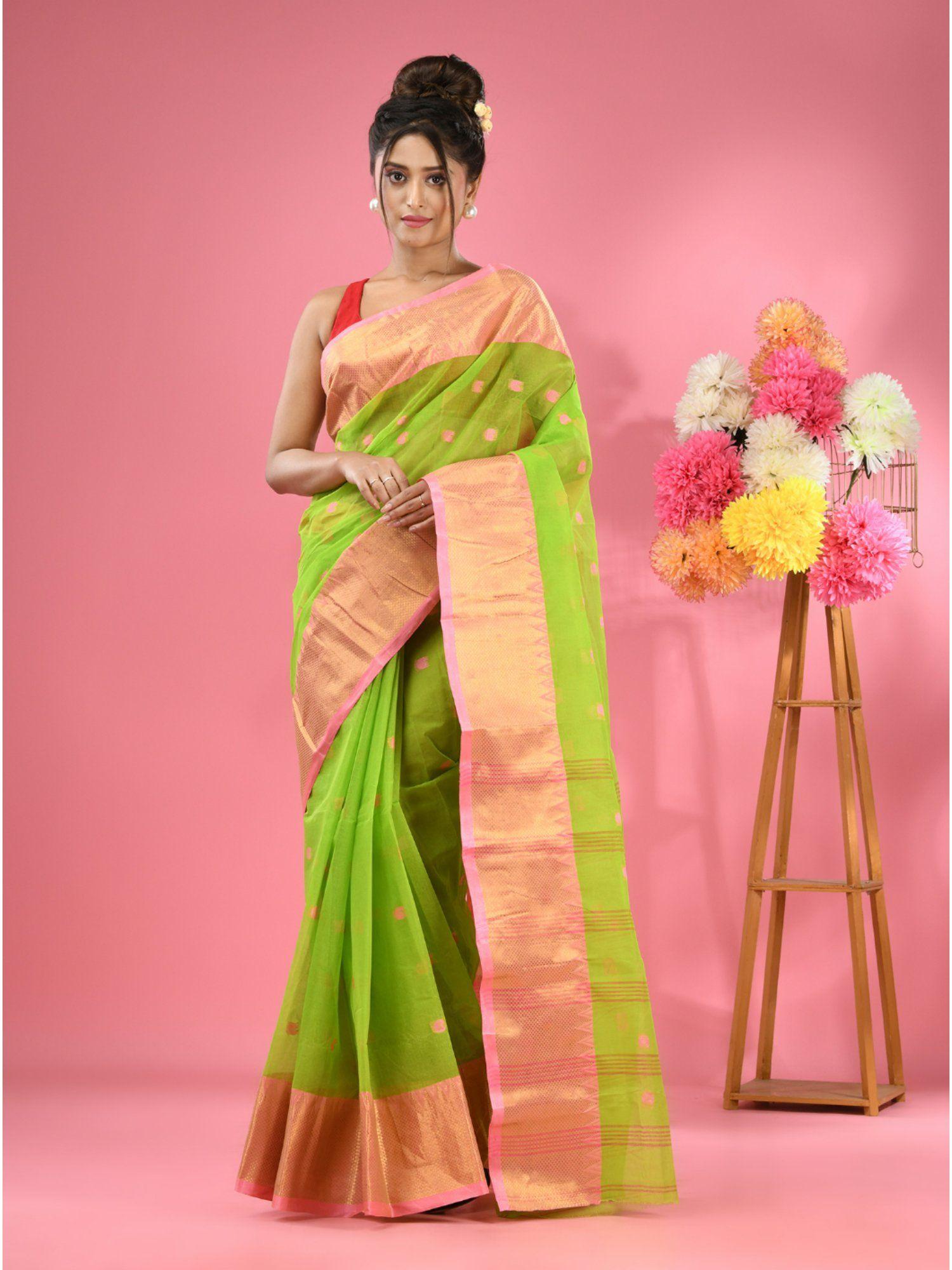 parrot green pure cotton tant zari border saree without blouse