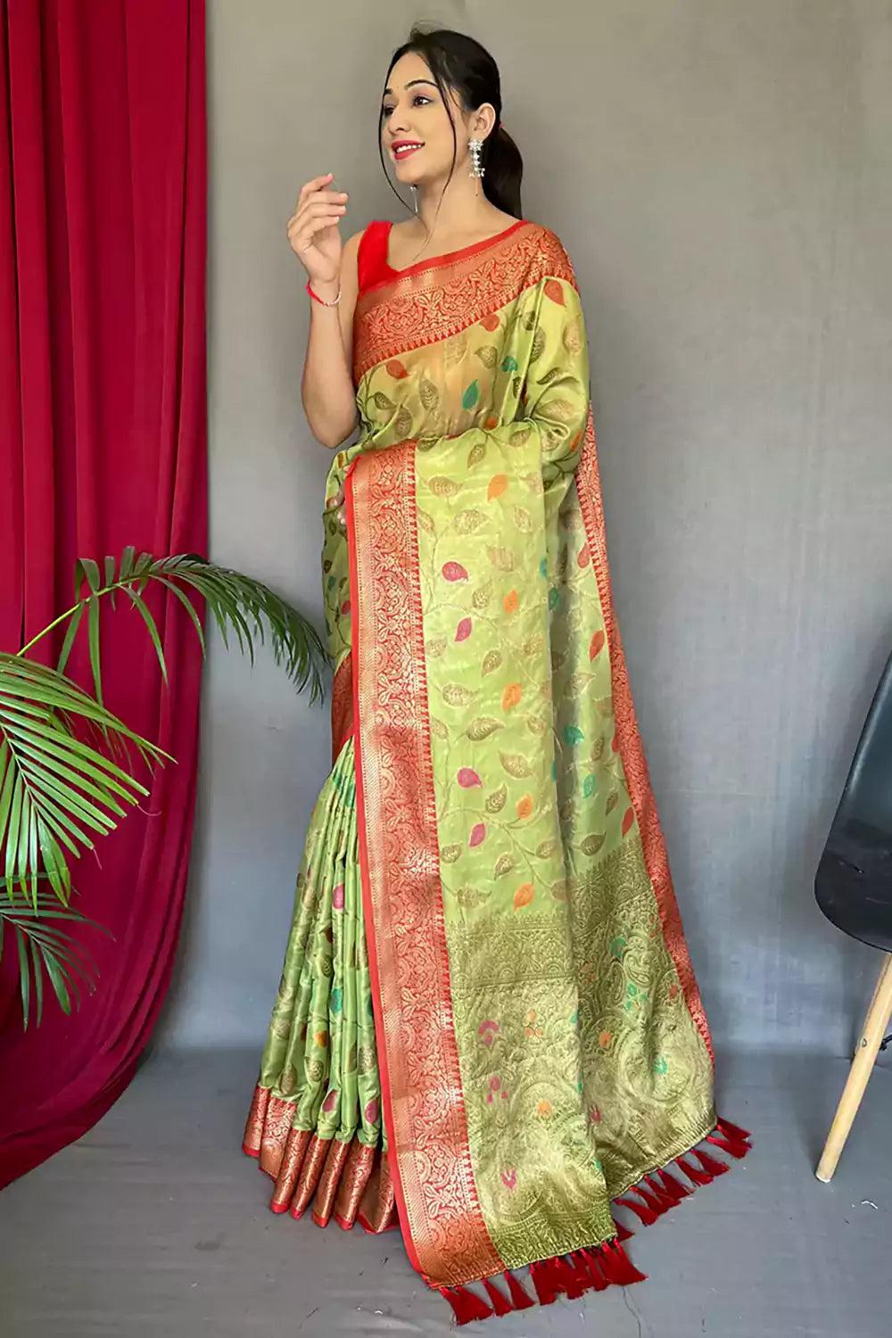 parrot green pure tissue silk saree