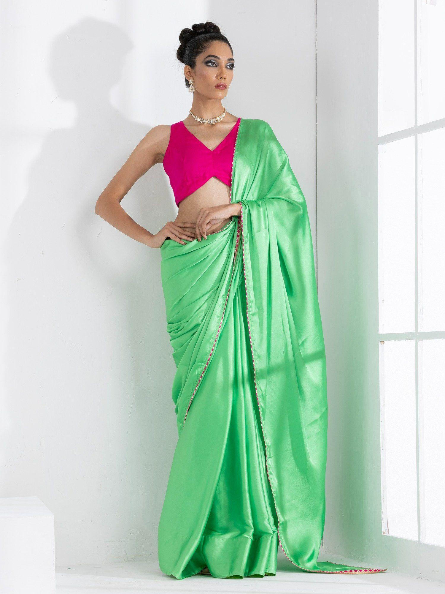 parrot green satin saree with unstitched blouse gota edge lace
