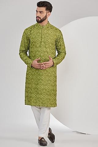 parrot green silk geometric embroidered chikankari kurta set