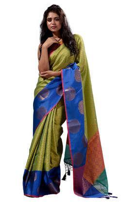 parrot green with blue all over resham weave kora muslin saree with zari woven border with blouse piece - dark green