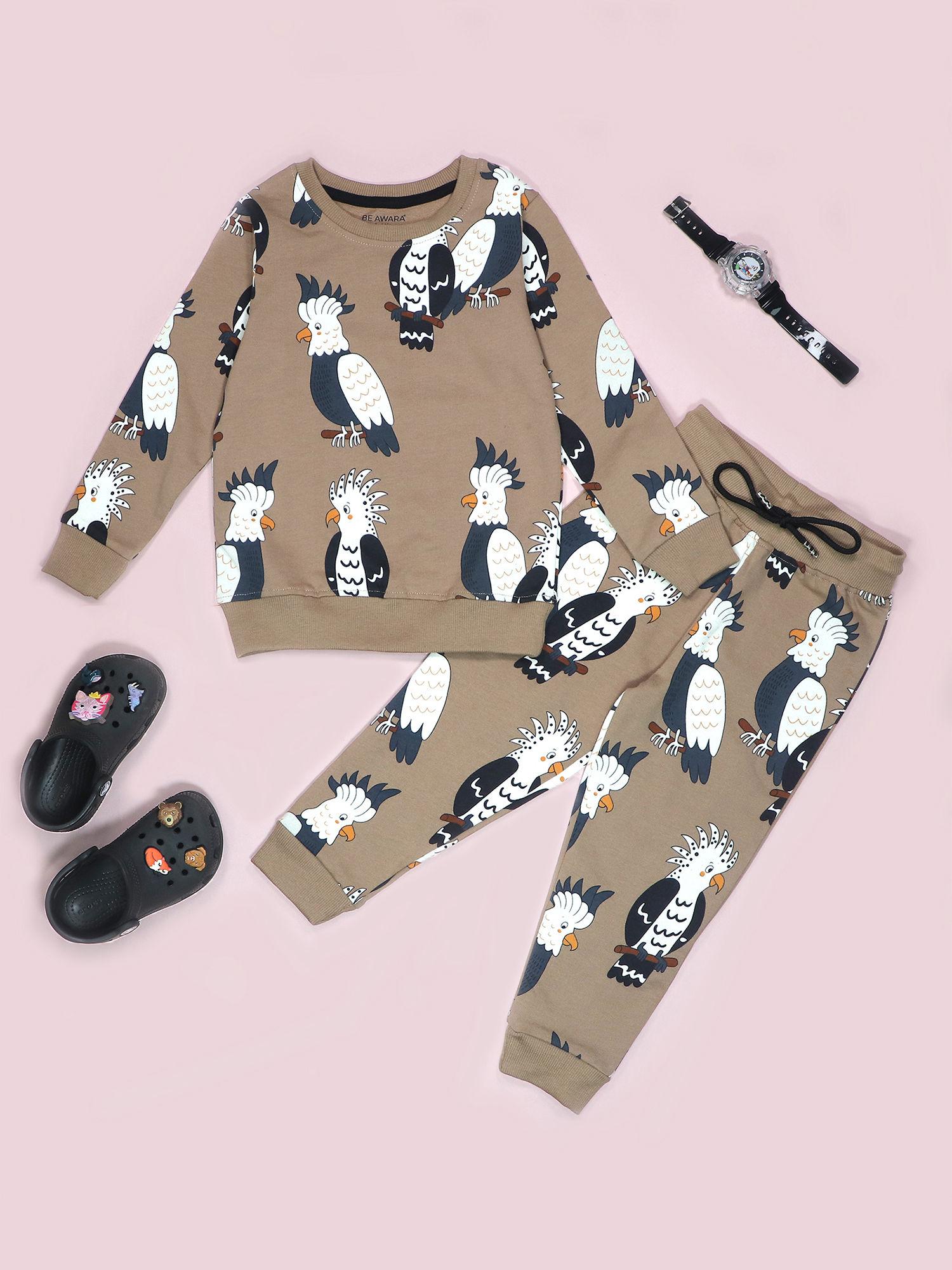 parrot print kids sweatshirt & joggers brown (set of 2)