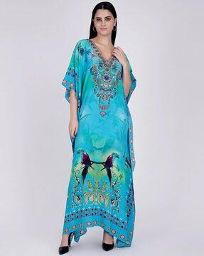 parrot print v-neck kaftan dress